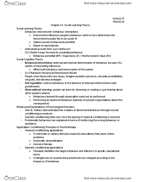 PS271 Lecture Notes - Lecture 17: Social Learning Theory, Systematic Desensitization, Aversion Therapy thumbnail