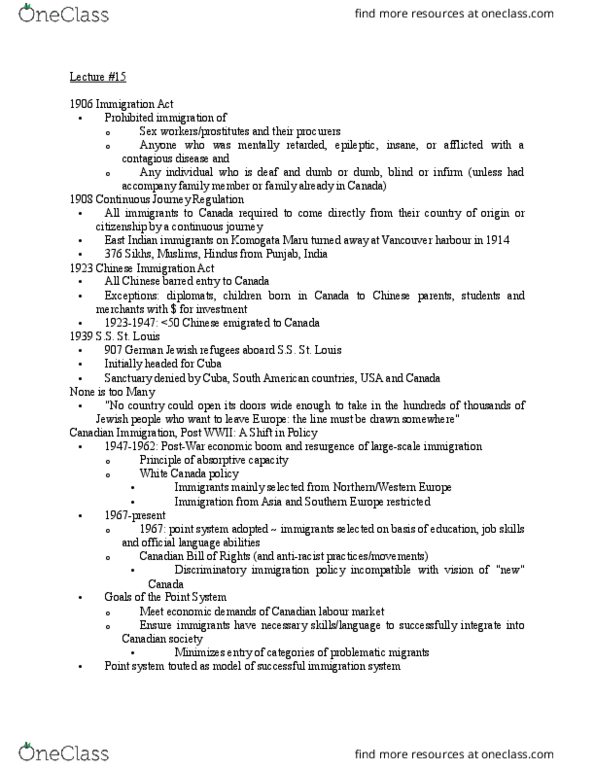 SOCI 230 Lecture Notes - Lecture 15: Chinese Immigration Act, 1923, Punjab, India, Absorptive Capacity thumbnail