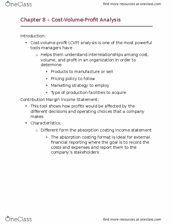 AFM123 Chapter Notes - Chapter 8: Total Absorption Costing, Contribution Margin, Income Statement thumbnail