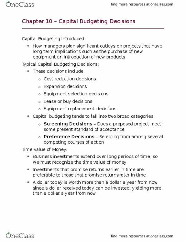 AFM123 Chapter Notes - Chapter 10: Capital Budgeting, Net Present Value, Investment thumbnail