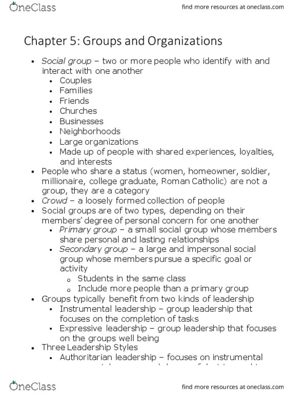 SOA 101 Chapter Notes - Chapter 5: Social Group, Groupthink, Ingroups And Outgroups thumbnail