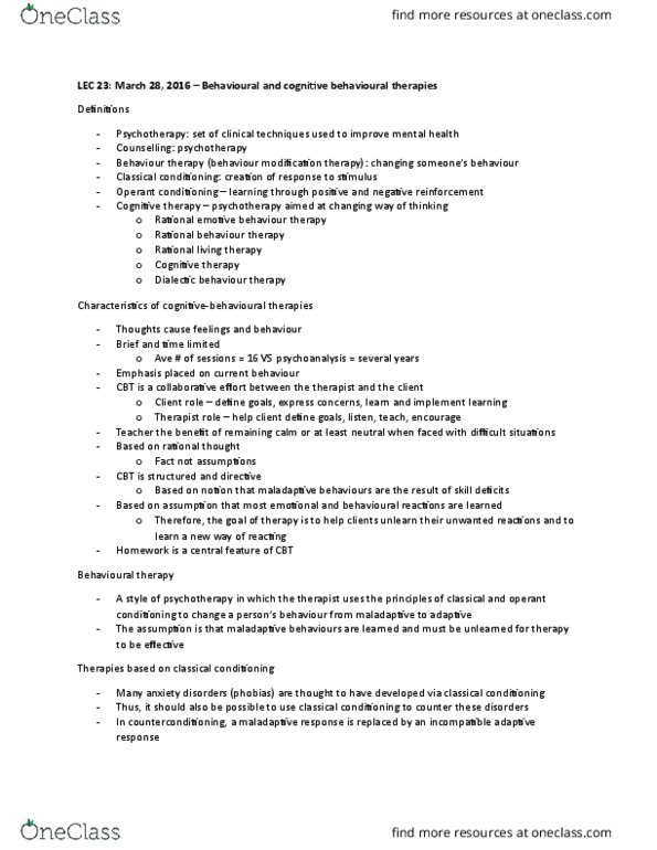 PSYA02H3 Lecture Notes - Lecture 23: Systematic Desensitization, Cognitive Therapy, Behaviour Therapy thumbnail