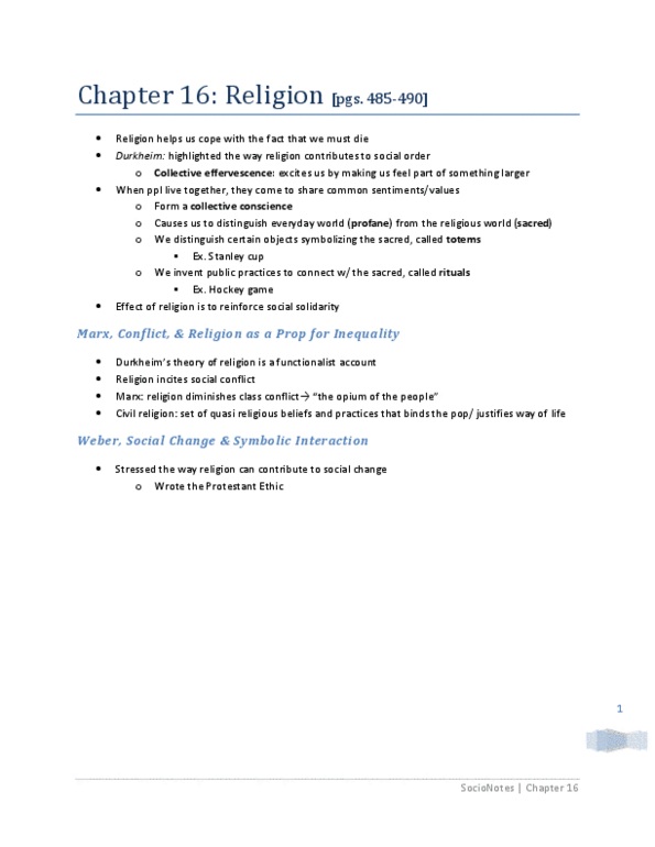 SOCA02H3 Chapter Notes -Class Conflict, Civil Religion, Collective Effervescence thumbnail