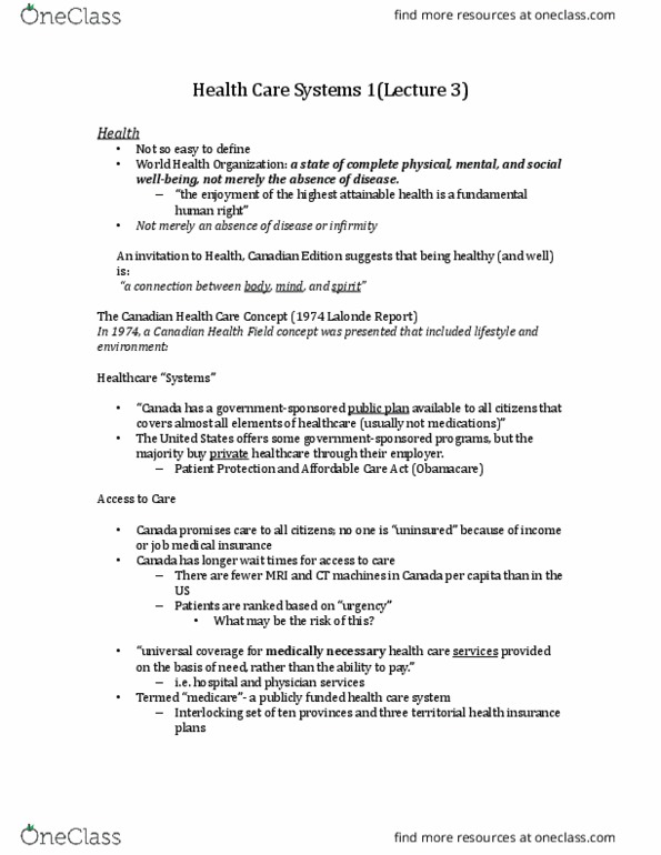 KINE 1020 Lecture Notes - Lecture 3: Patient Protection And Affordable Care Act, World Health Organization, Ontario Health Insurance Plan thumbnail