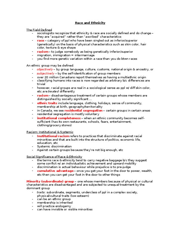 SOCA01H3 Lecture Notes - Endogamy, Visible Minority, Institutional Racism thumbnail