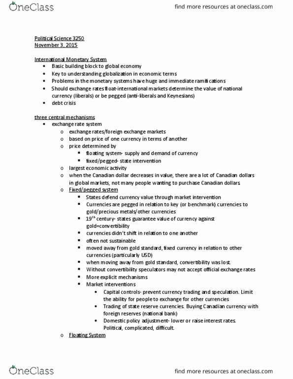 POSC 3250 Lecture Notes - Lecture 7: Reserve Currency, Canadian Dollar, Capital Control thumbnail