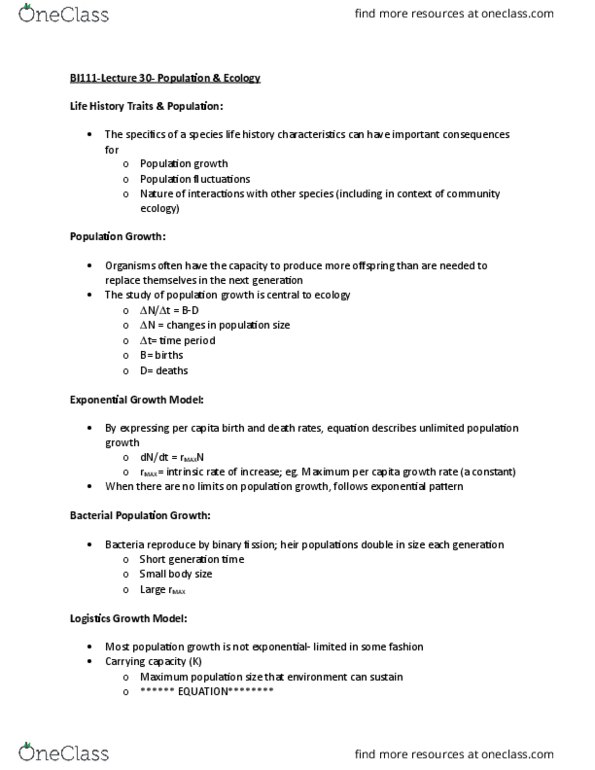 BI111 Lecture Notes - Lecture 30: Fecundity, Carrying Capacity thumbnail