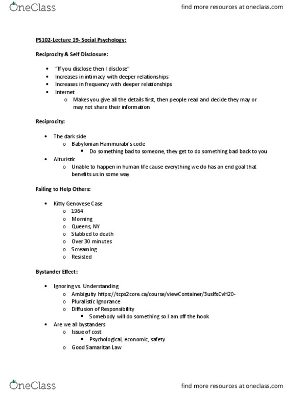 PS102 Lecture Notes - Lecture 19: Murder Of Kitty Genovese, Good Samaritan Law, Social Influence thumbnail