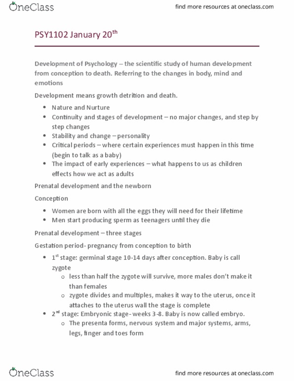 PSY 1102 Lecture Notes - Lecture 4: Fetal Alcohol Spectrum Disorder, Teratology, Prenatal Development thumbnail