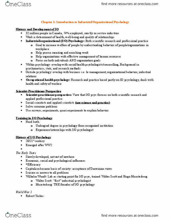 PSYC 3070 Chapter Notes - Chapter 1: Industrial And Organizational Psychology, Human Relations Movement, Occupational Health Psychology thumbnail