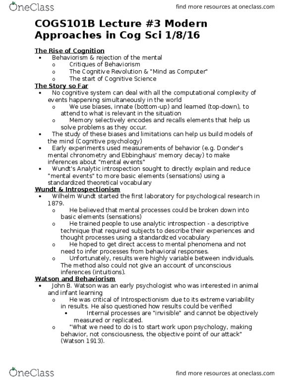 COGS 101B Lecture Notes - Lecture 3: Mental Chronometry, Wilhelm Wundt, Franciscus Donders thumbnail