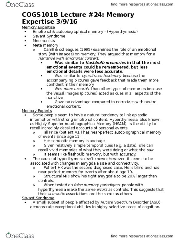 COGS 101B Lecture Notes - Lecture 24: Transcranial Magnetic Stimulation, Savant Syndrome, Hyperthymesia thumbnail