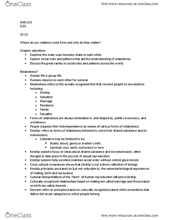 ANTH 101 Lecture Notes - Lecture 12: Bilateral Descent, Human Reproduction, Unilineality thumbnail