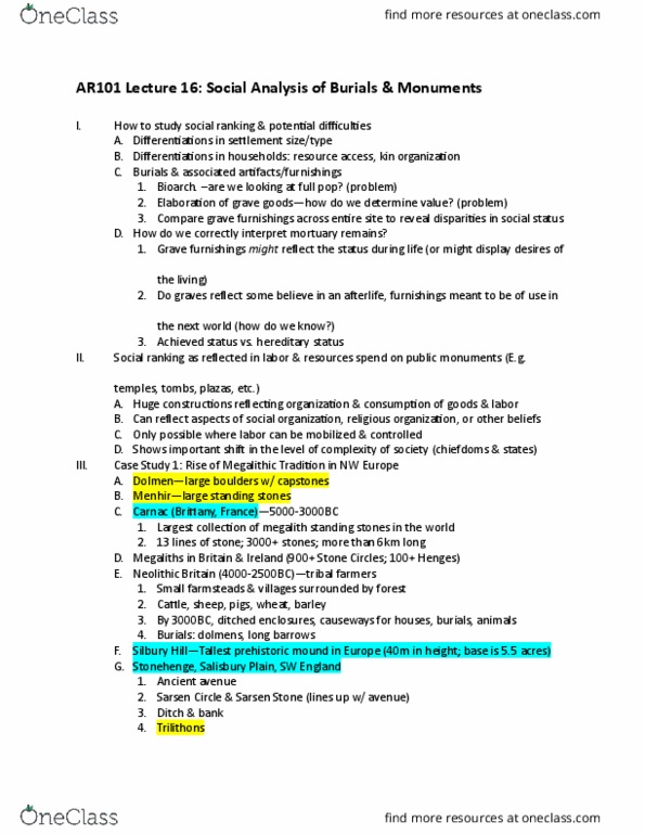 CAS AR 101 Lecture Notes - Lecture 16: Megalith, Department Of Archaeology At The University Of York, Grave Goods thumbnail