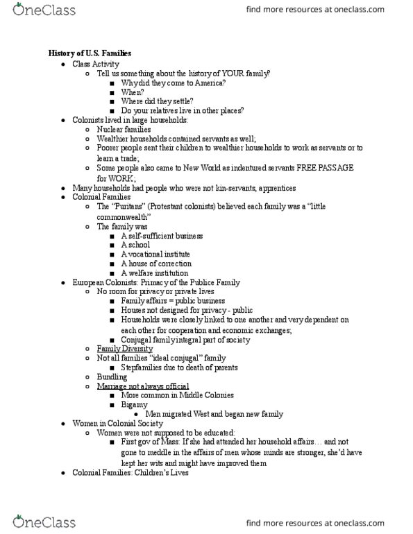 HDFS202 Lecture Notes - Lecture 9: Family Affairs, Middle Colonies, Parenting thumbnail