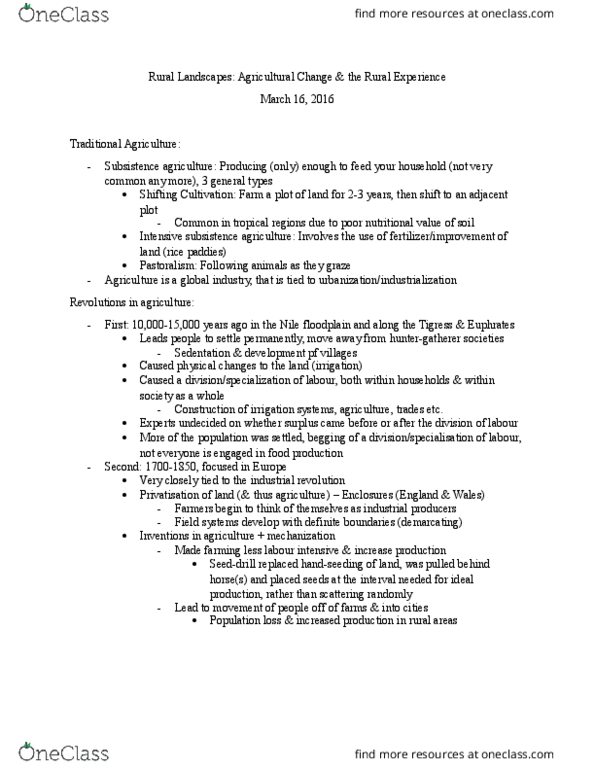 GEG 1302 Lecture Notes - Lecture 11: Subsistence Agriculture, Glyphosate, Industrial Revolution thumbnail