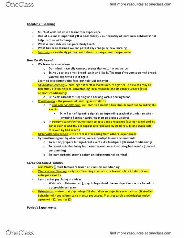 PSY 1101 Chapter Notes - Chapter 7: Classical Conditioning, Operant Conditioning, Learning thumbnail