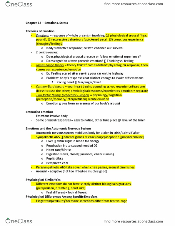 PSY 1101 Chapter Notes - Chapter 12: Autonomic Nervous System, Theory-Theory, Thalamus thumbnail