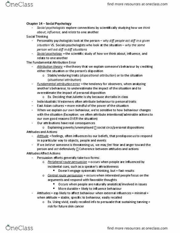 PSY 1102 Chapter Notes - Chapter 4: Cognitive Dissonance, Dispositional Attribution, Fundamental Attribution Error thumbnail