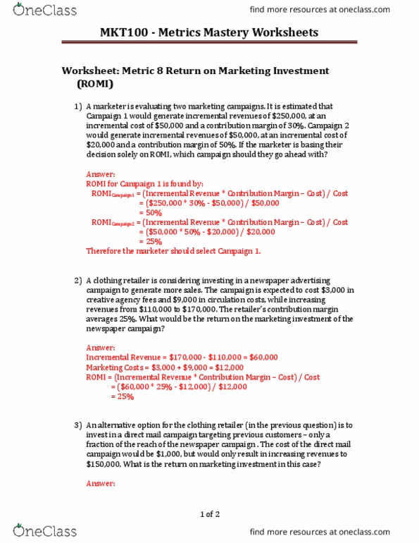 MKT 100 Final: Metrics 8 Metrics Mastery Worksheets - With Answers ...