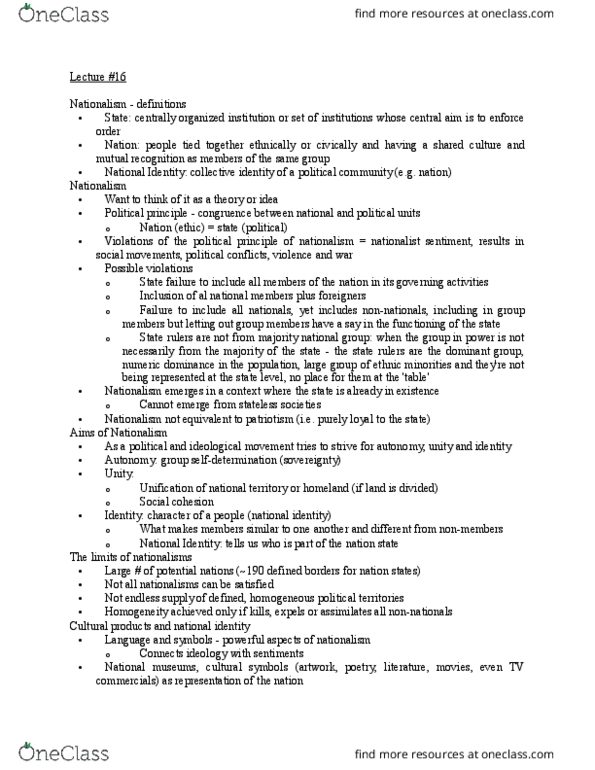 SOCI 230 Lecture Notes - Lecture 16: Stateless Society, Failed State, Group Cohesiveness thumbnail