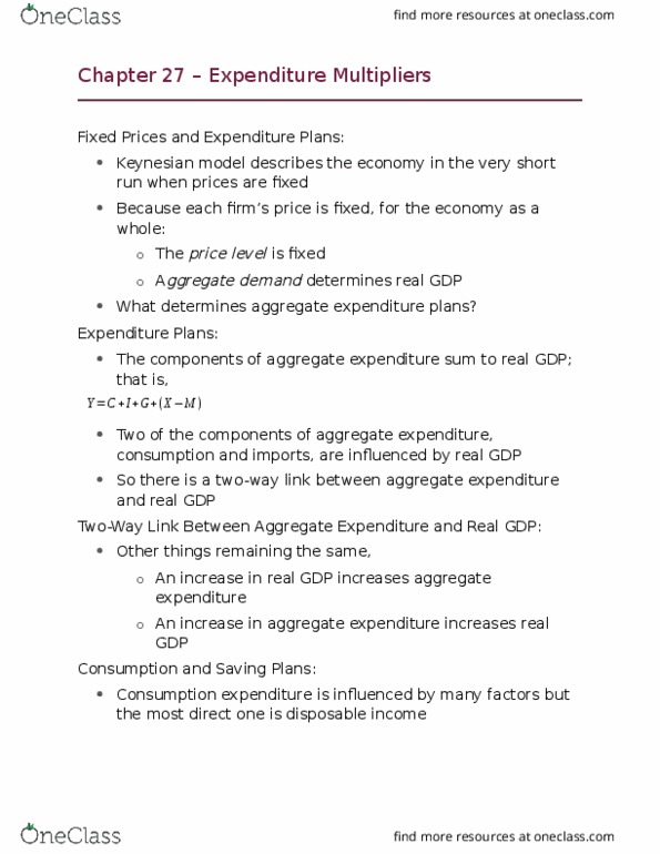 ECON102 Chapter Notes - Chapter 27: Disposable And Discretionary Income, Consumption Function, Aggregate Demand thumbnail