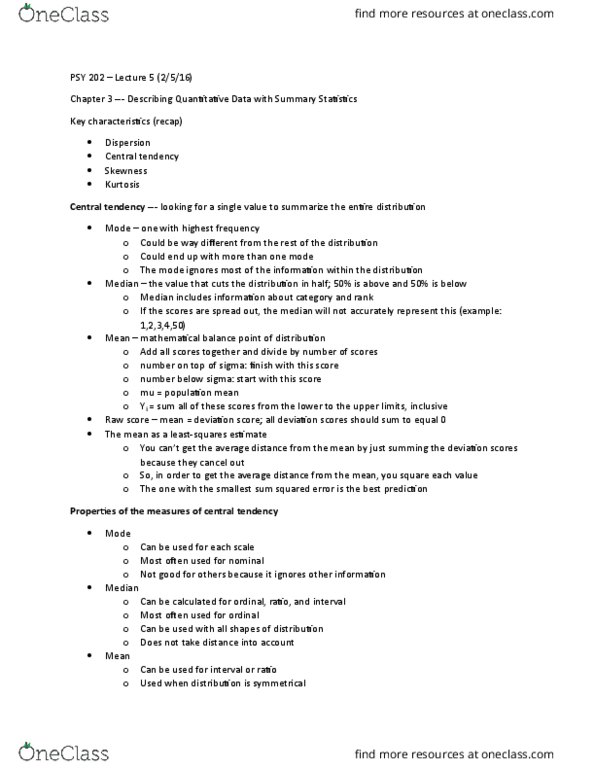 PSY 202 Lecture Notes - Lecture 8: Raw Score, Kurtosis, Central Tendency thumbnail