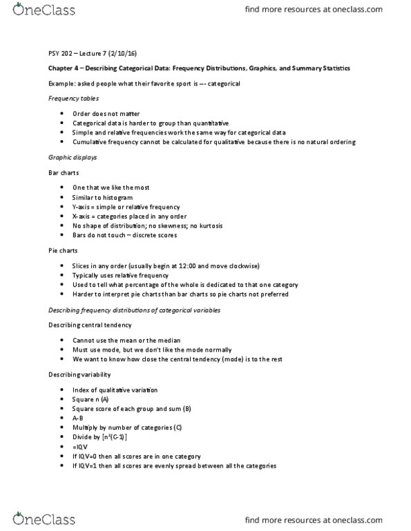 PSY 202 Lecture Notes - Lecture 5: Categorical Variable, Psy, Central Tendency thumbnail