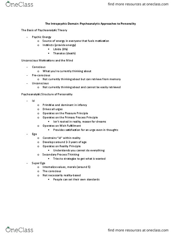 PSYC 2740 Lecture Notes - Lecture 8: Reaction Formation, Preconscious, Main Source thumbnail