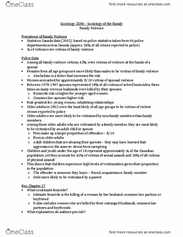 SOCIOL 2U06 Lecture Notes - Lecture 20: Femicide, Male Unemployment, Physical Abuse thumbnail