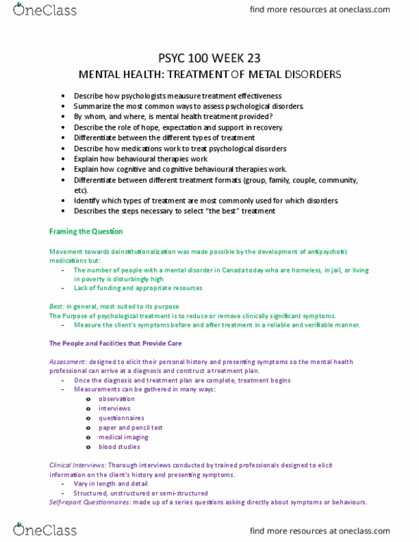 PSYC 100 Chapter Notes - Chapter 23: Mental Health Professional, Medical Imaging, Cognitive Therapy thumbnail