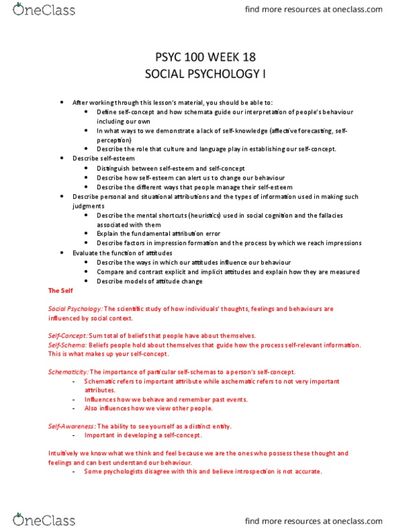 PSYC 100 Chapter Notes - Chapter 18: Fundamental Attribution Error, Social Comparison Theory, Impression Formation thumbnail