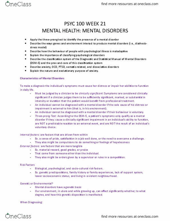 PSYC 100 Chapter Notes - Chapter 21: Dissociative Disorder, Mental Disorder, Anxiety Disorder thumbnail
