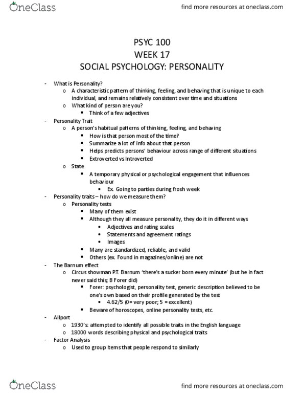 PSYC 100 Lecture Notes - Lecture 17: Raymond Cattell, Personality Test, Factor Analysis thumbnail