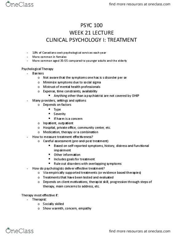 PSYC 100 Lecture Notes - Lecture 23: Ontario Health Insurance Plan, Cognitive Restructuring thumbnail