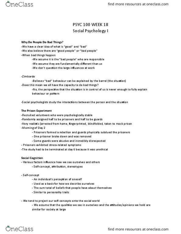 PSYC 100 Lecture Notes - Lecture 18: Fundamental Attribution Error, Ingroups And Outgroups thumbnail