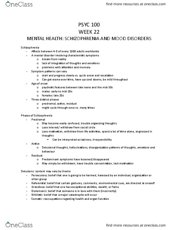 PSYC 100 Lecture Notes - Lecture 22: Major Depressive Disorder, Prodrome, Mental Disorder thumbnail