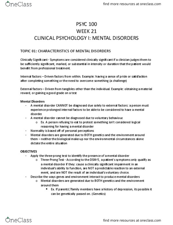 PSYC 100 Lecture Notes - Lecture 21: World Health Organization, Personality Disorder, Dsm-5 thumbnail