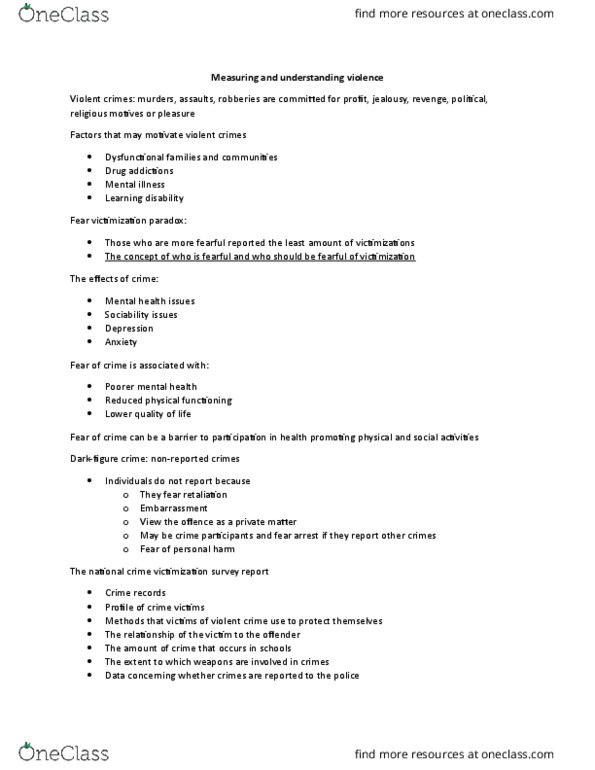 CRM 2307 Chapter Notes - Chapter 1: National Crime Victimization Survey, Assault, Learning Disability thumbnail