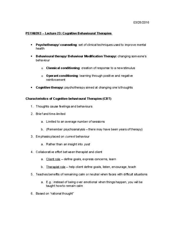 PSYA02H3 Lecture Notes - Lecture 23: Cognitive Therapy, Behaviour Therapy, Systematic Desensitization thumbnail