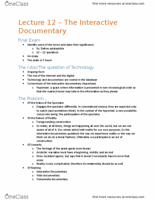 FILM 2106 Lecture Notes - Lecture 12: Drew Goddard, Hypertext, Medium Specificity thumbnail