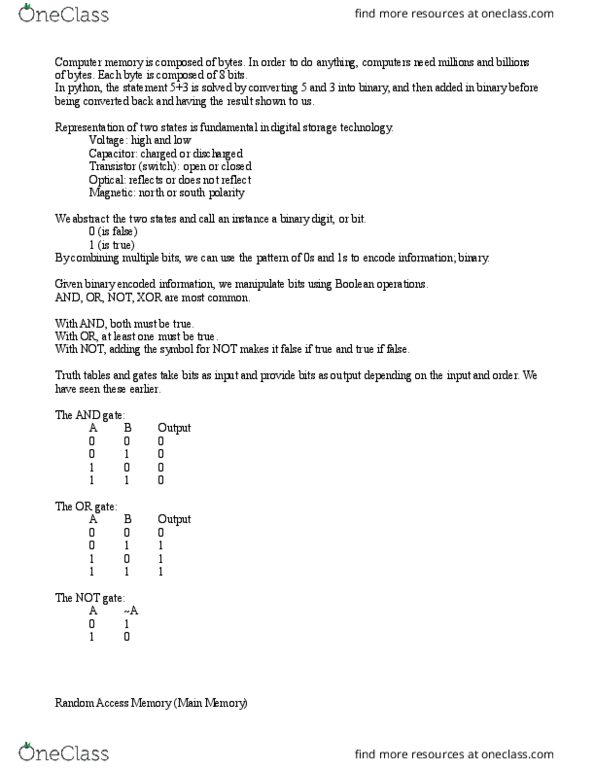 CMPT-101 Lecture Notes - Lecture 14: Computer Memory, Capacitor, Or Gate thumbnail