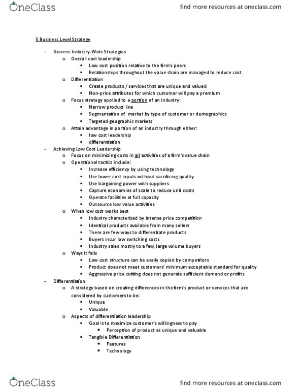 33:620:492 Lecture Notes - Lecture 5: Cost Leadership, Switching Barriers, Customer Service thumbnail