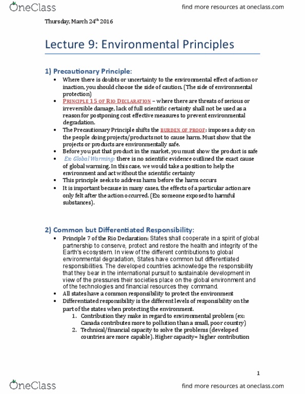 ENV 1101 Lecture Notes - Lecture 9: Precautionary Principle, Rio Declaration On Environment And Development, Polluter Pays Principle thumbnail