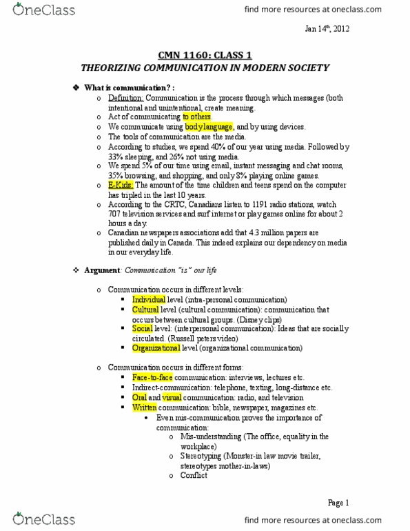 CMN 2101 Lecture Notes - Lecture 1: Russell Peters, Intrapersonal Communication, Organizational Communication thumbnail