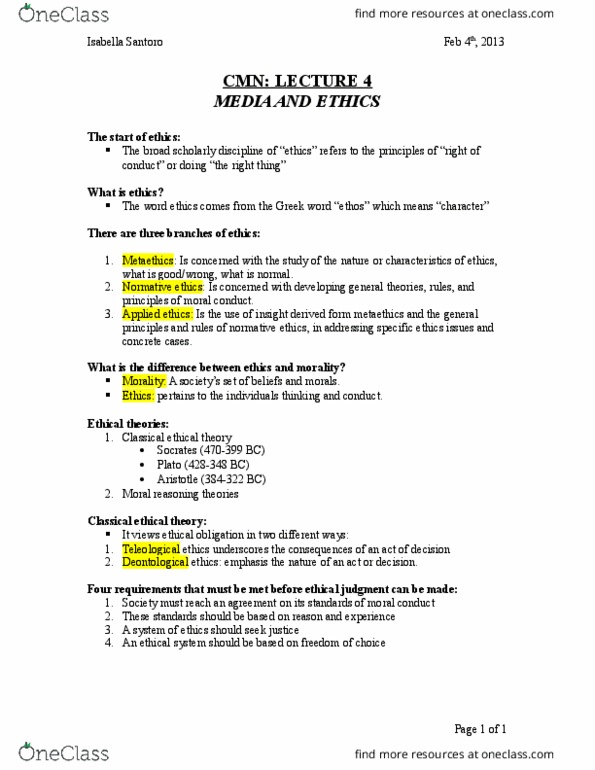 CMN 2101 Lecture Notes - Lecture 4: Deontological Ethics, Normative Ethics, Meta-Ethics thumbnail