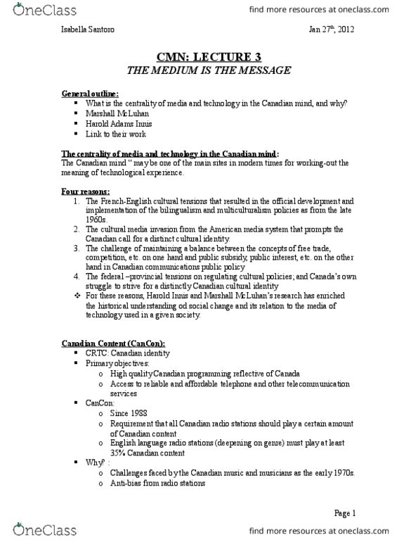 CMN 2101 Lecture Notes - Lecture 3: Culture Of Canada, Permanent Residency In Canada, Canadian Content thumbnail