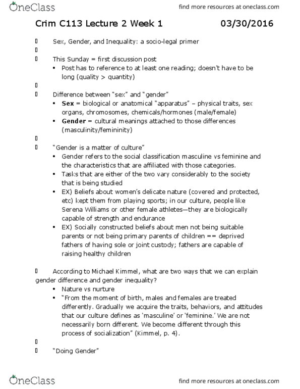 CRM/LAW C113 Lecture Notes - Lecture 2: Michael Kimmel, Secondary Sex Characteristic, Serena Williams thumbnail