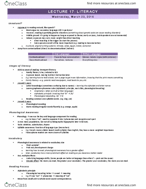 PSY 3136 Lecture Notes - Lecture 17: Family Literacy, Phonological Awareness, Alphabetic Principle thumbnail