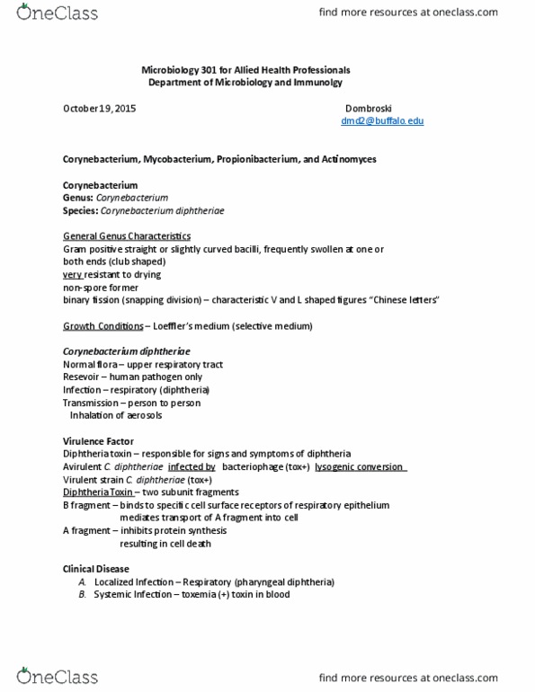 MIC 301 Lecture Notes - Lecture 19: Corynebacterium Diphtheriae, Diphtheria Toxin, Middlebrook 7H10 Agar thumbnail